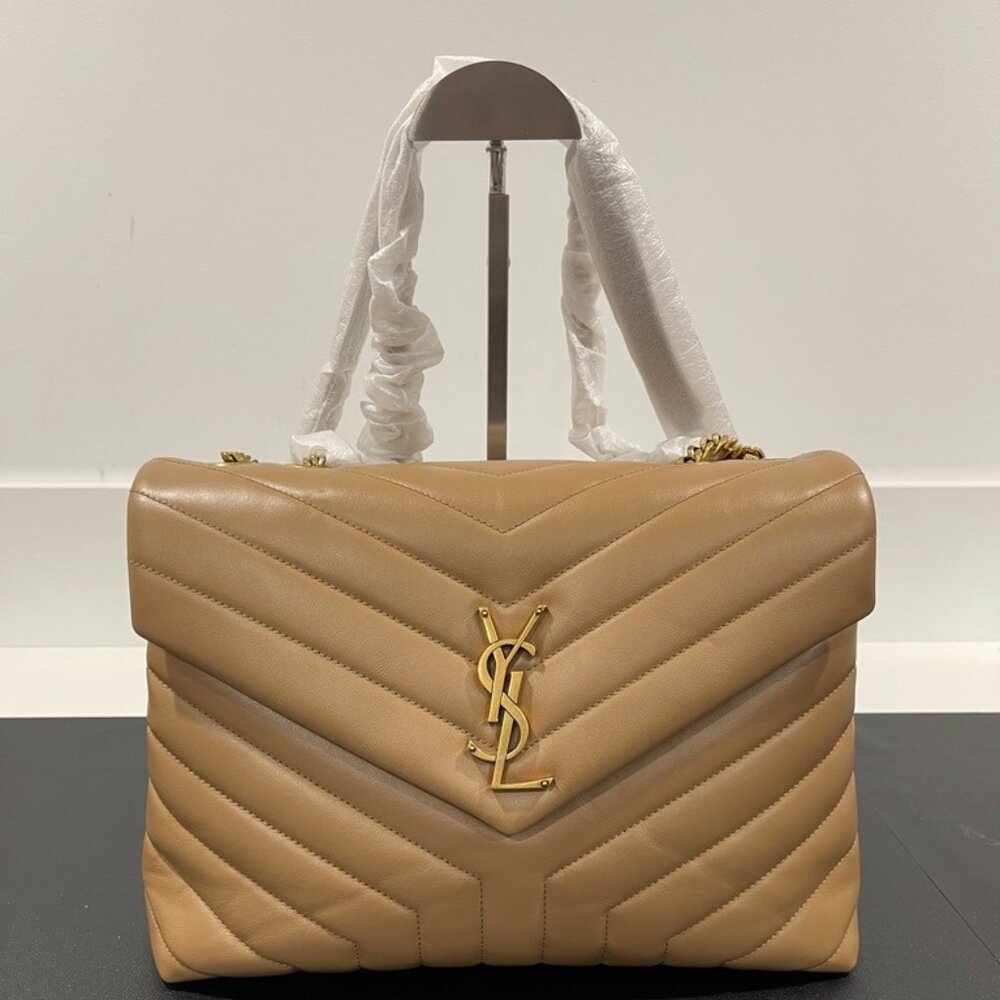 YSL Calfskin Quilted Monogram Medium Loulou Chain Satchel Dark Neutral (JB1082)